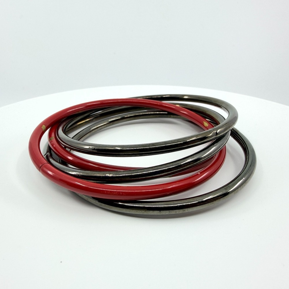 Vintage Gunmetal Red Enamel Bangle Bracelet Set Interlocking Stackable Retro 90S
